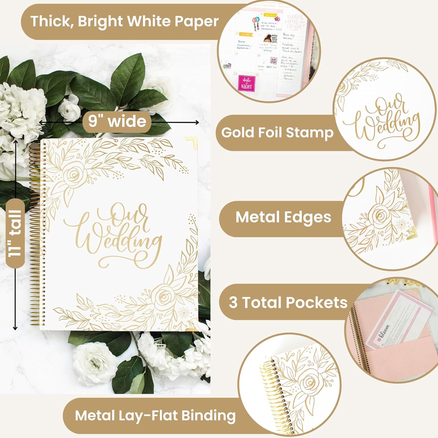 Hard Cover Wedding Day Planner & Organizer (Undated) - 9" X 11" - Gold Floral